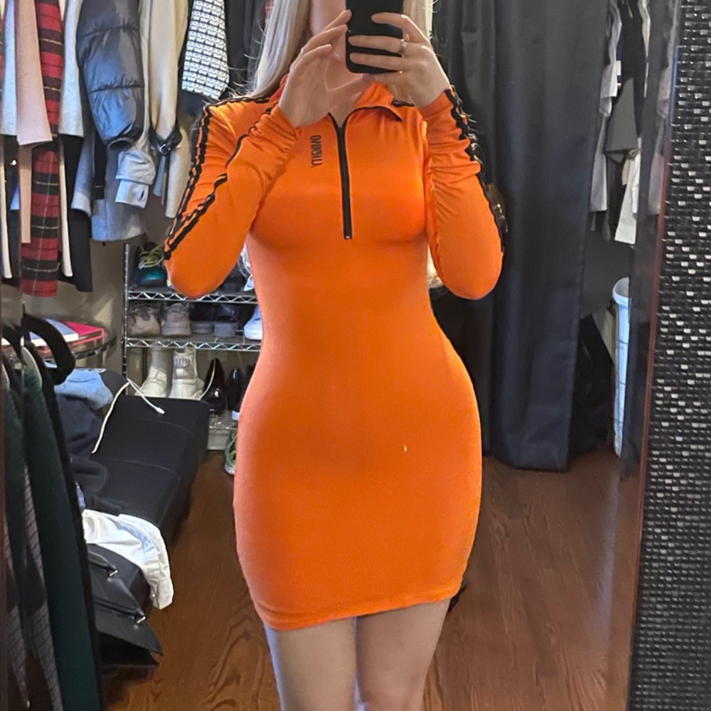 O-MIGHTY “Player 2” Long Sleeve Bodycon Orange Dress, Quarter Zip Turtleneck.